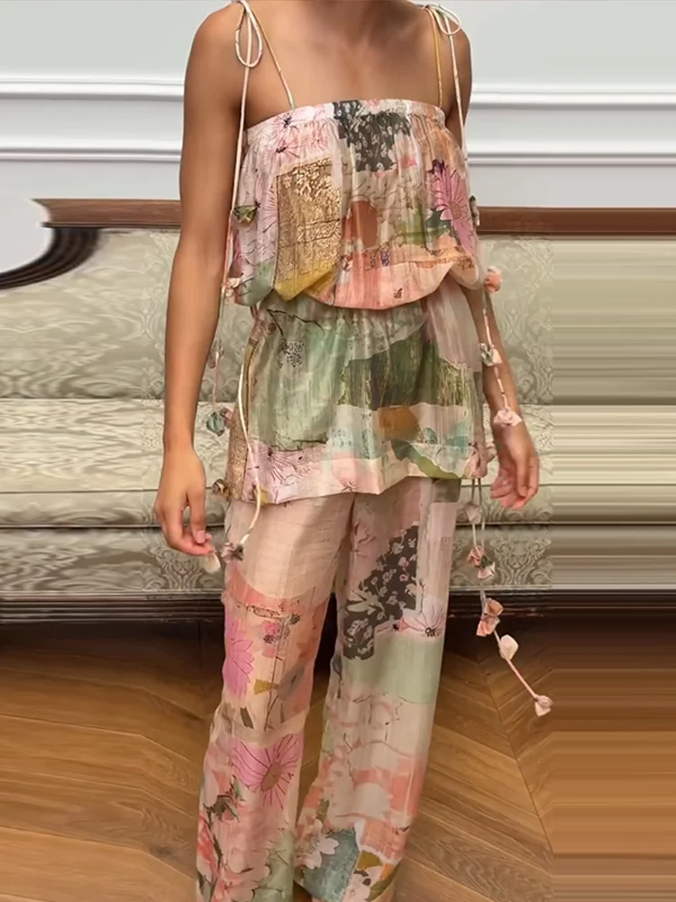 3D-Blumenbedruckte Spitzen-Oberteile mit Schnürung und Hosenanzüge für Damen, sexy ärmellose, rückenfreie, schmale Oberteile, weit geschnittene Hosen, charmante Damen-Outfits, neu – Detail 4