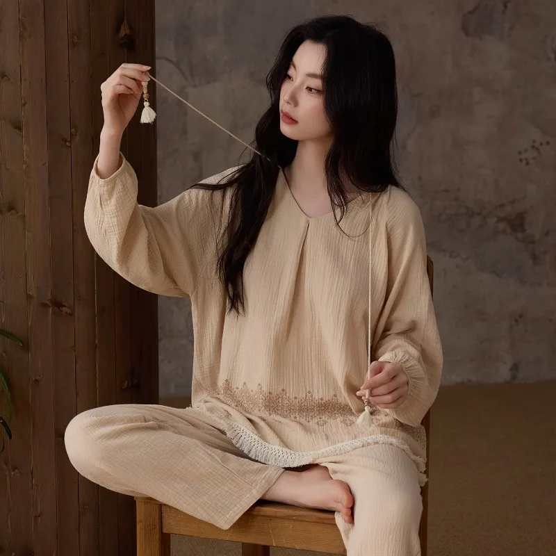 Loungewear Sets Ladies Spring and Autumn Woven Cotton Gauze Long Sleeve Thin Baby Cotton Korean Version Loose Lazy Style Pajamas