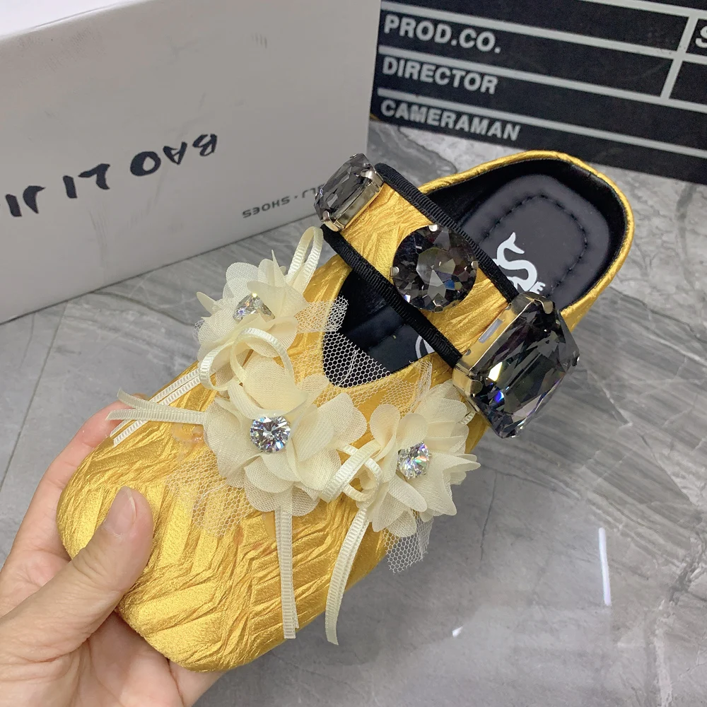 

Летние женские сандалии больших размеров, модные тапочки с цветочным принтом, дизайнерские полутапочки, женская обувь со стразами