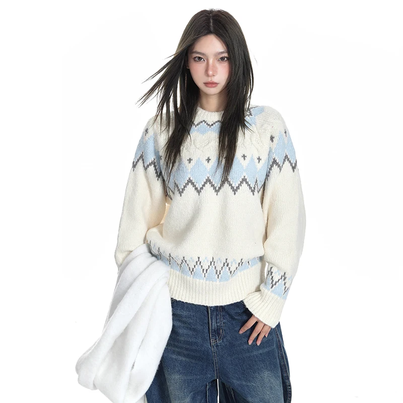 

Женский свитер в японском стиле Харадзюку в стиле ретро, свободный свободный свитер с длинными рукавами и круглым вырезом, повседневный теплый базовый топ, осень-зима