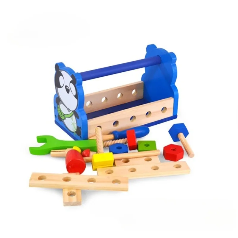 Engraçado caixa de ferramentas de reparo de panda de madeira crianças carpinteiro construção segura chave de martelo de madeira adereços conjunto menino fingir jogar brinquedo de jogo
