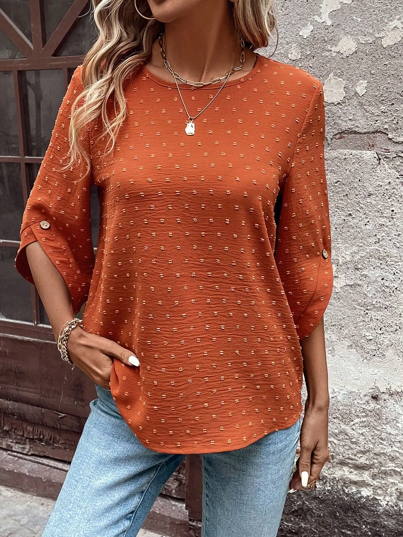 

Women's Polka Dot Textured Mid Sleeve Asymmetrical Cuff Button Bohemian Loose Round Neck Blouse