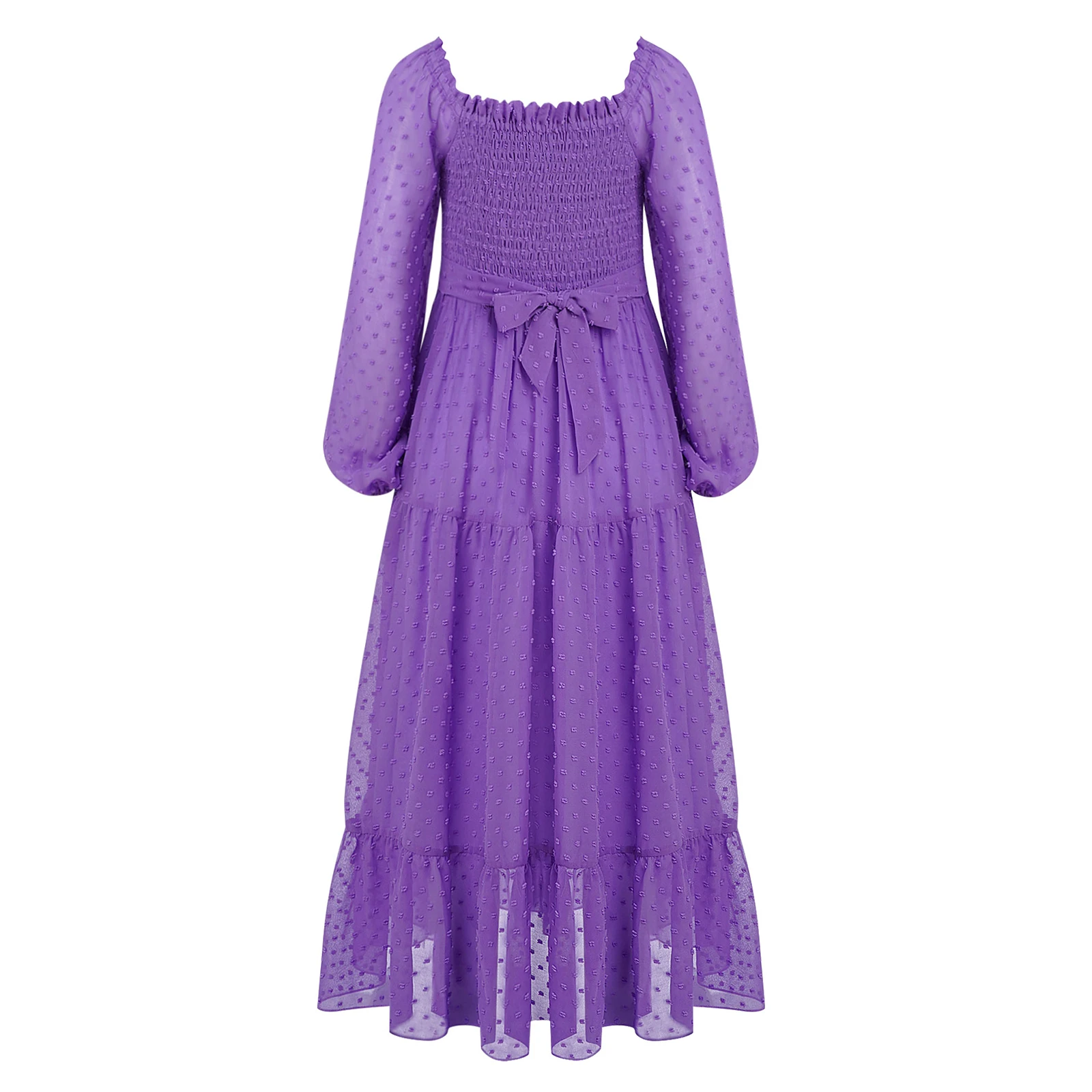 Vestido de gasa para niñas con dobladillo escalonado, cuello cuadrado con volantes, manga larga, vestidos con cinturón ahumado para vacaciones en la playa, fiesta de cumpleaños