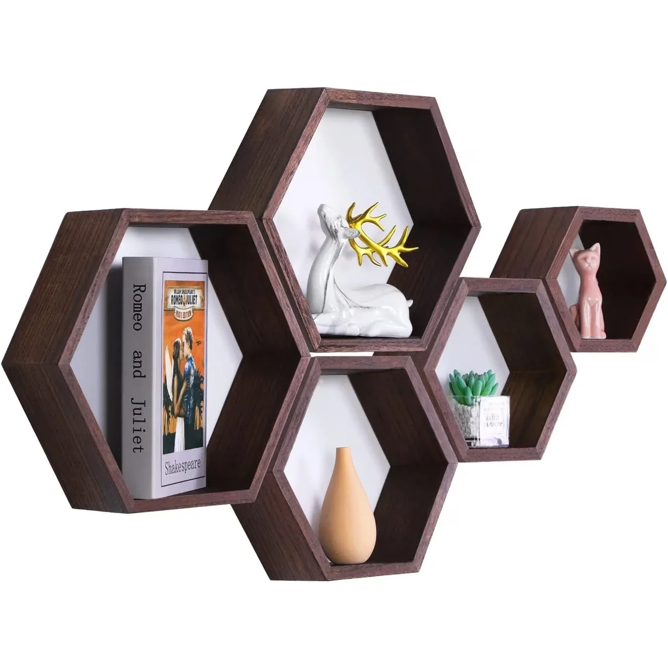 New Arrival Hexagonal Floating Shelves Set And Wall-Mounted Solid Wood Honeycomb Storage Units Rustic Farmhouse Style Suitable