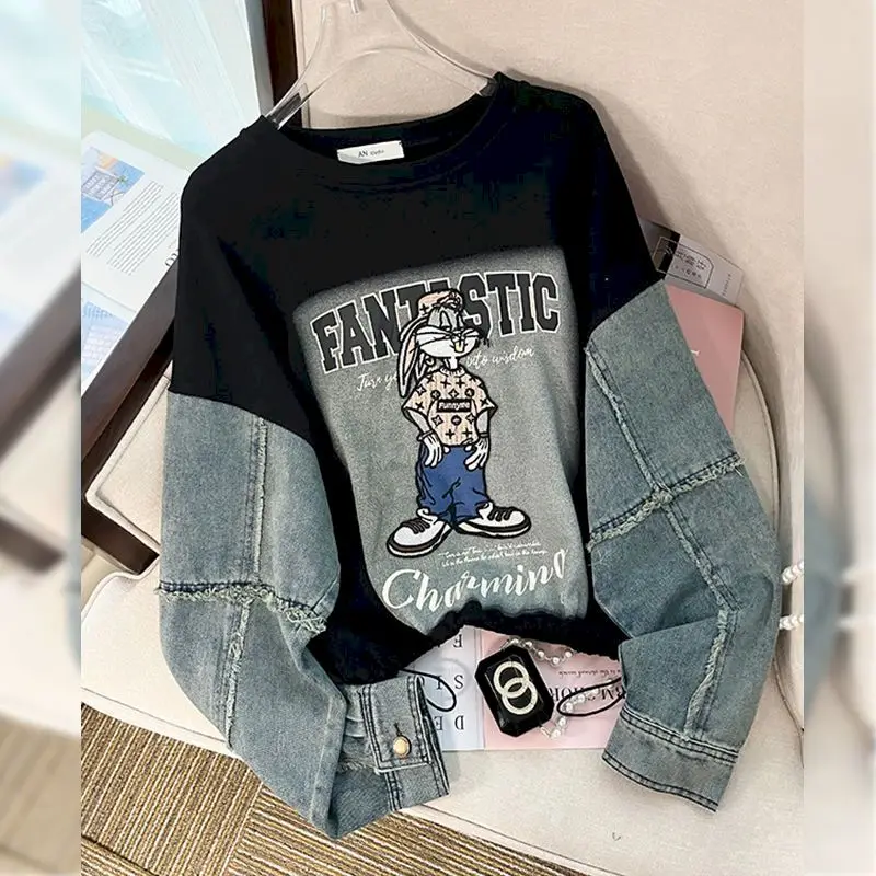 Oversized Pllovers Women Fashion Design Tops Denim Patchwork O-neck Coats Spring Autumn Trend Korean Pullover Coat Y2k Clothes