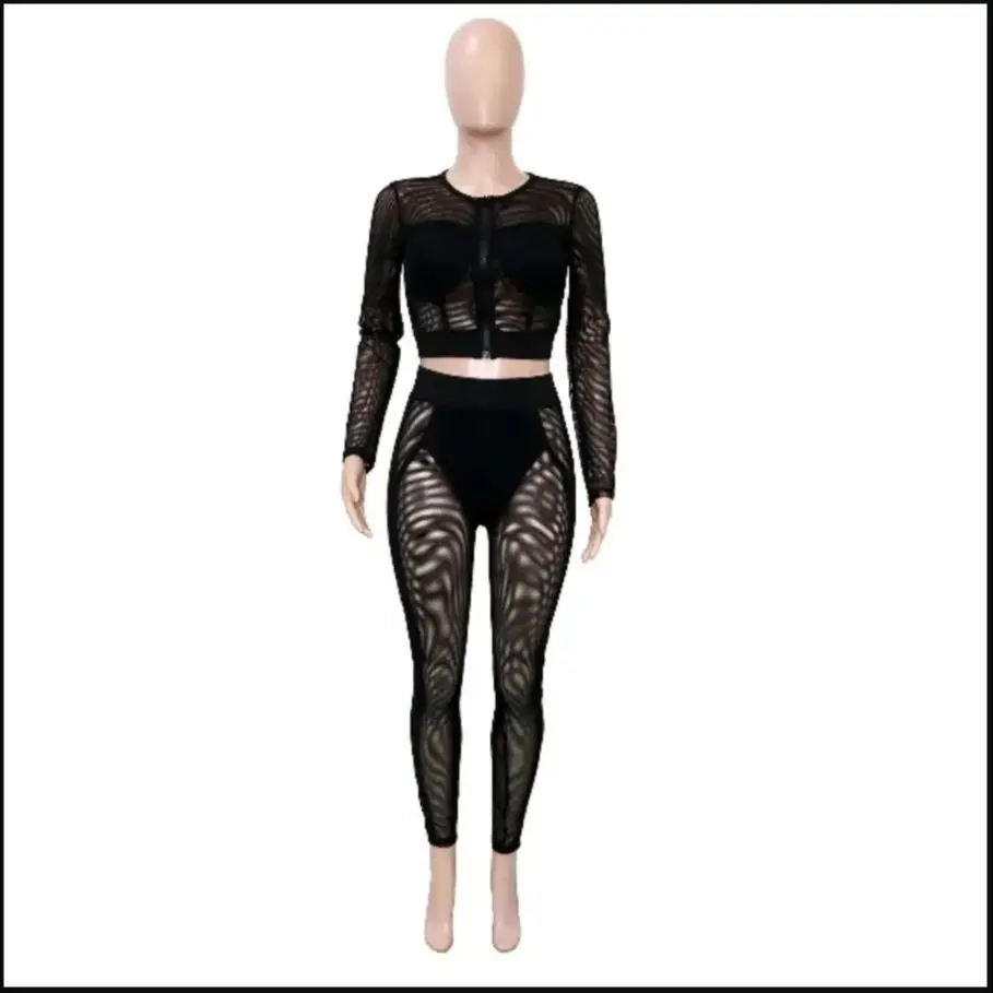 

2 Piece Set Woman Sexy See Through Mesh Club Striped Patchwork Long Sleeve Zip Top Pencil Pant Matching Suit Fall 2025 Outfits
