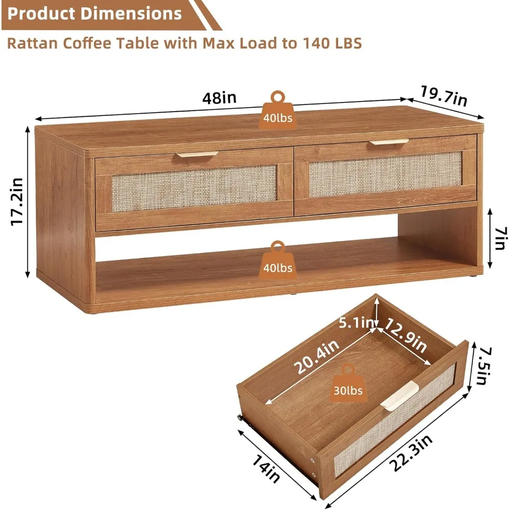 48" Farmhouse Boho Rattan Coffee Table with 2 Woven Drawers,Rectangular Coffee Tables with Hidden Storage Compartment,C