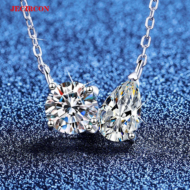 

JECIRCON S925 Sterling Silver Moissanite Necklace | Double Diamond (Round + Water Drop) | Elegant Sparkling Daily Wear Jewelry