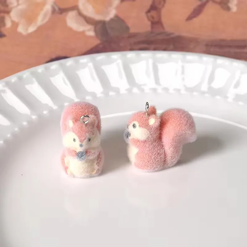 20pcs Cartoon flocking resin Charms Cute Plush squirrel pendant For make diy handiwork jewelry Keychain Accessories wholesale
