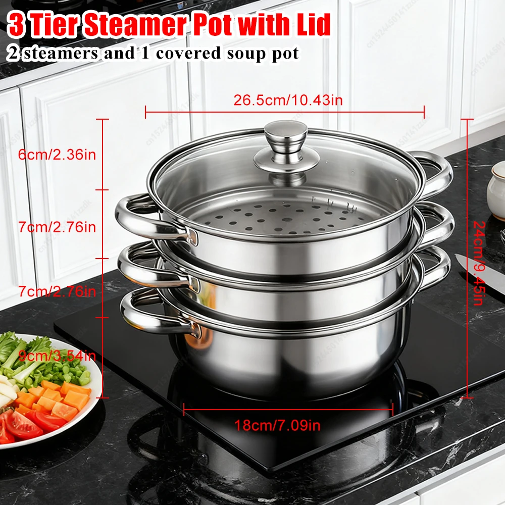 

350°F 3 Tier Multi-Function Cook Food Egg Veg Pot with Lid Large Stainless Steel Steam Cooker Steamer Kitchen Steam Pot Steamer