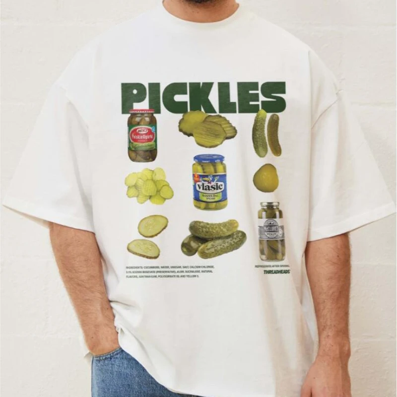 Vintage Pickles Graphic Tee Loose Short Sleeve Round Neck Tshirt Pickle Jar Design Men's Casual T-Shirt Cotton Unisex Clothing