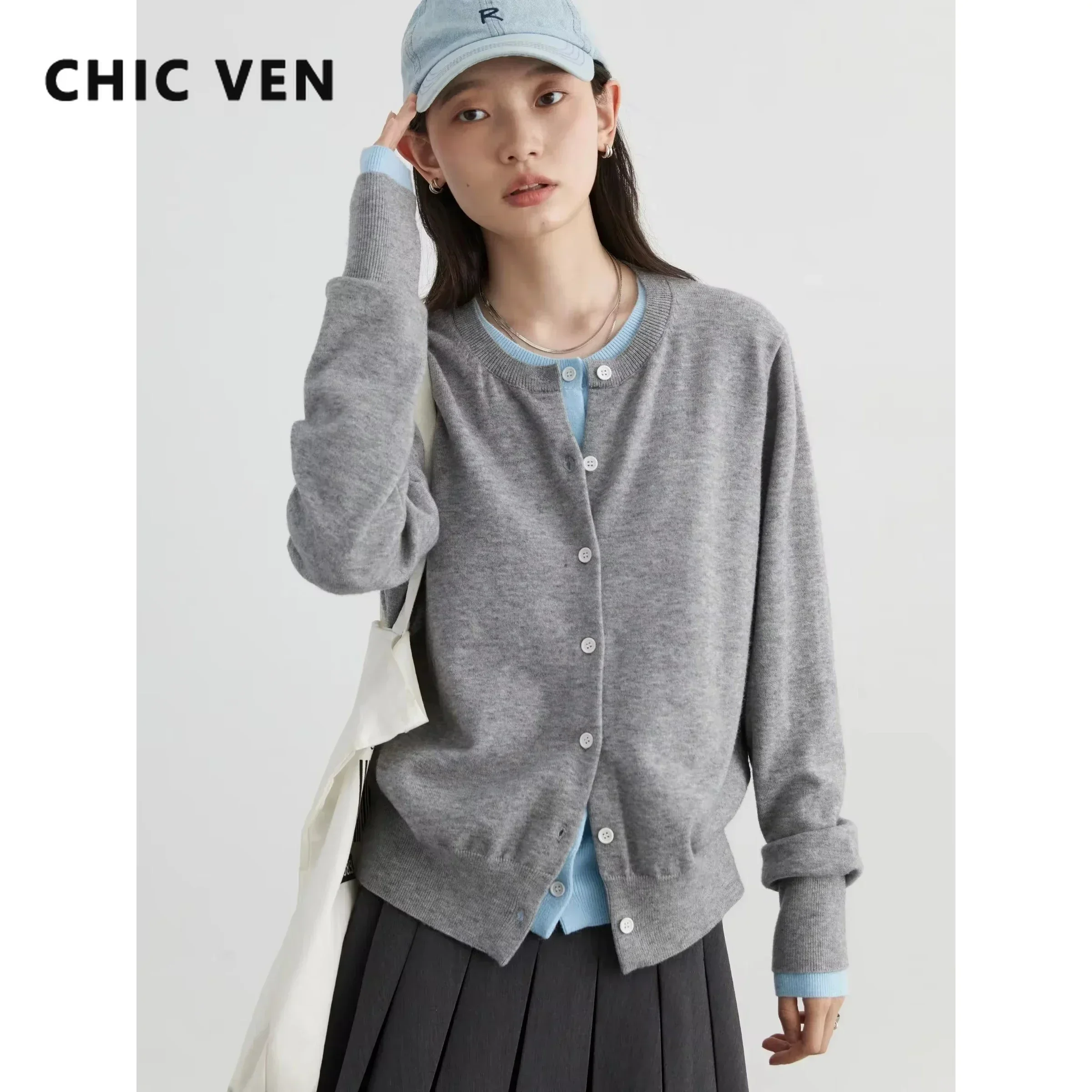 CHIC VEN Women Cardigan Loose Casual New Color Blocking O Neck Knitted Jumpers Long Sleeved Female Sweater Autumn 2024