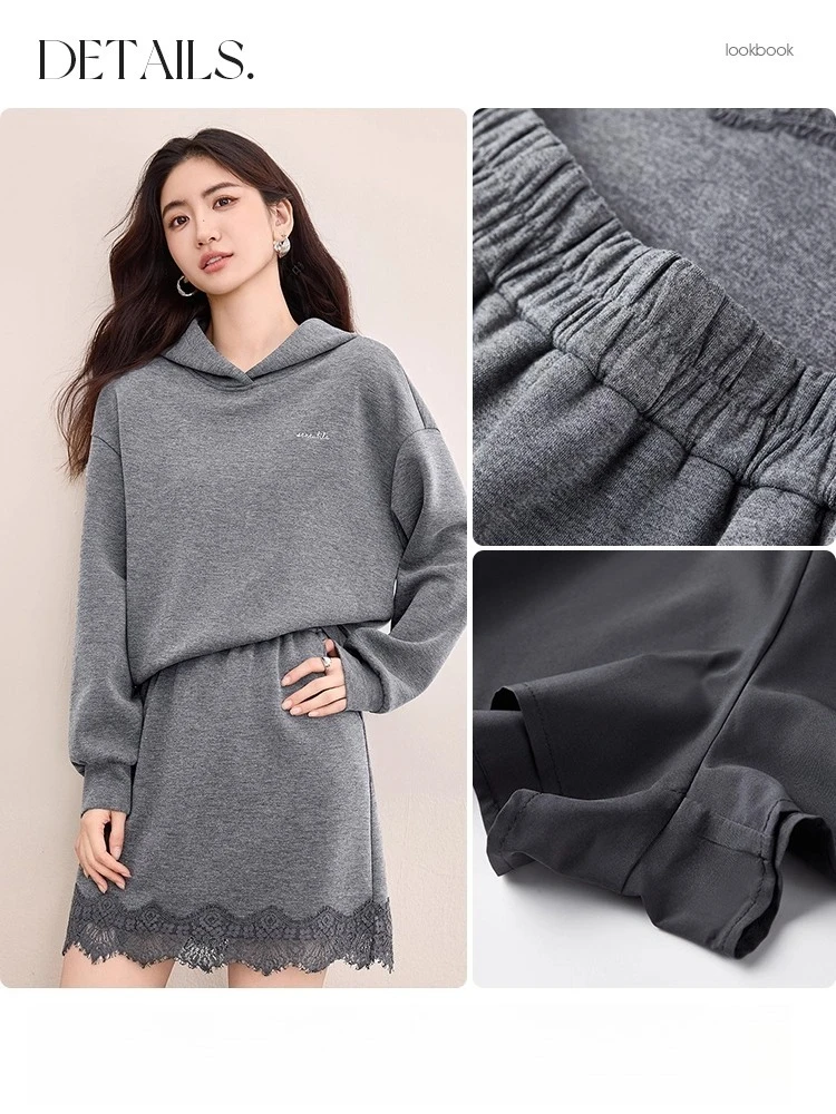 SENTUBILA jupe ensembles à capuche lettre brodée coupe ample sweat a-ligne jupe courte 2025 automne femme deux pièces ensemble 153ZH2419