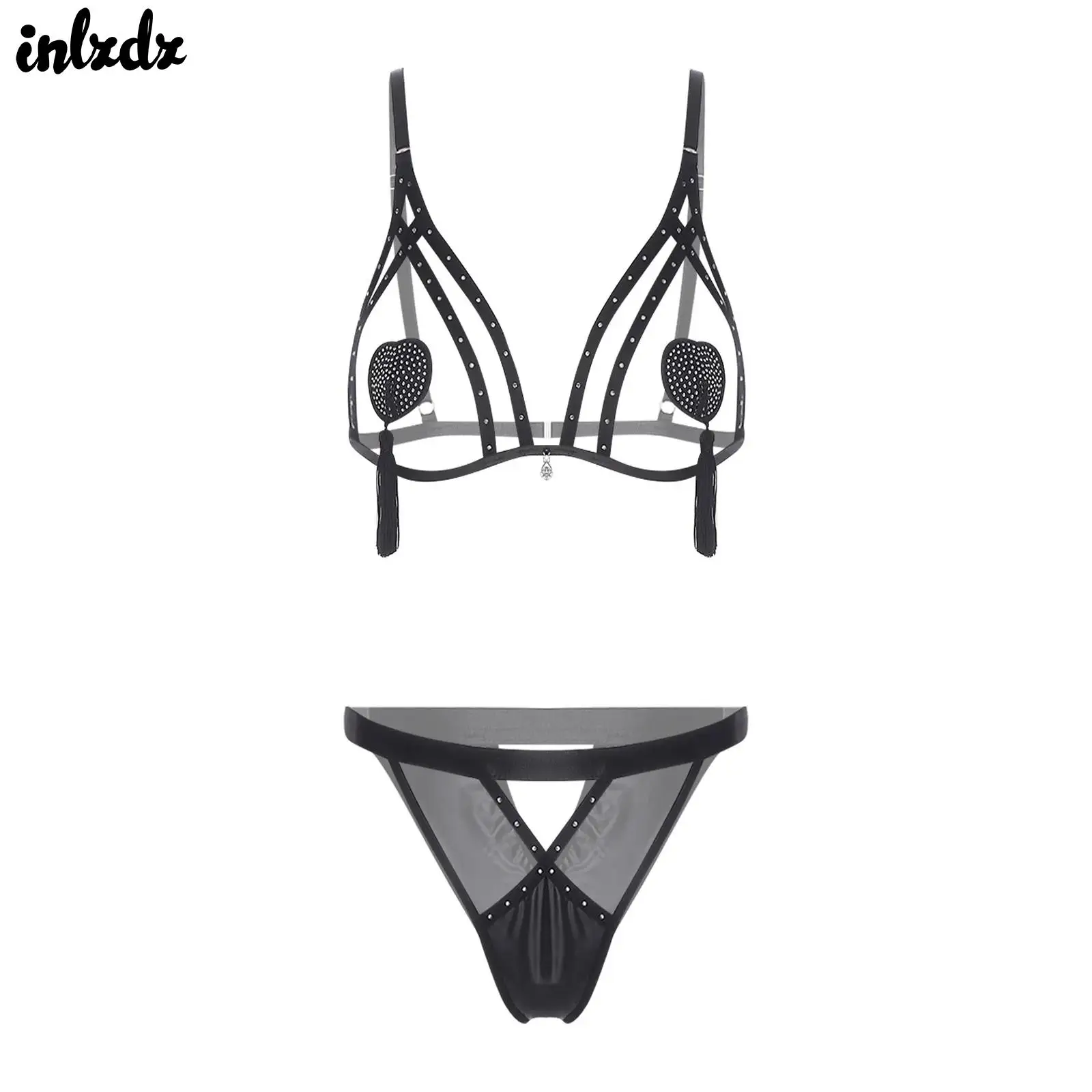 

Женский соблазнительный комплект нижнего белья: бюстгальтер-клетка с открытыми грудями, украшенный стразами, с накладками на соски с бахромой, мини-трусики из искусственной кожи с вырезами