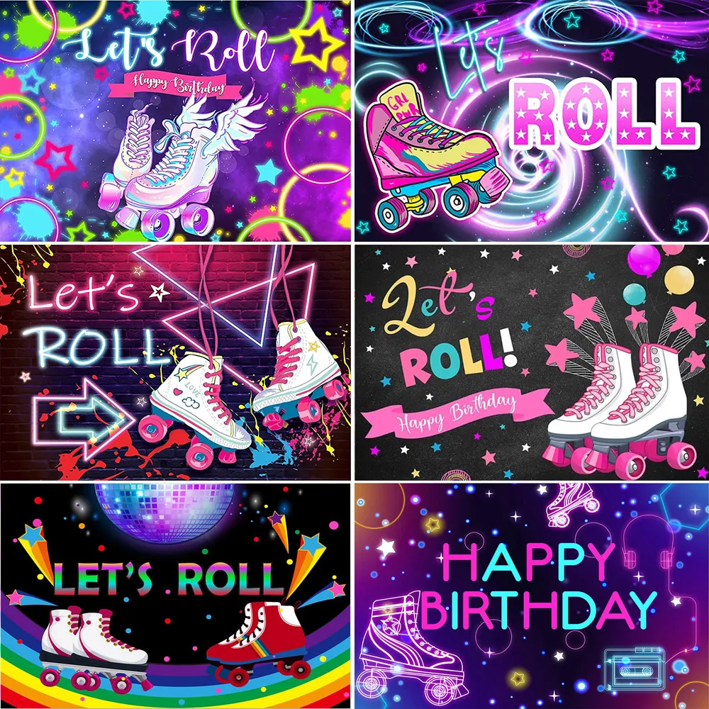 

Let's Roll Girls Theme Women 80s 90s Pink Roller Skating Neon Lights Rainbow Disco Birthday Party Decor Backdrop Photo Studio