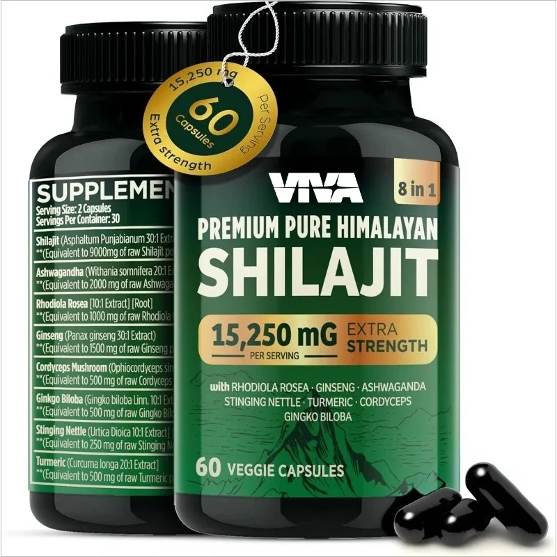 

Himalaya Shilajit 15250mg, containing cordyceps sinensis, turmeric, ginseng, ginkgo, nettle, and 60 vegetarian capsules