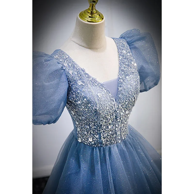 Cinderella Dress Wedding Blue Princess Dress Halloween Costumes for Women Cosplay Bubble Sleeve Puffy Dress