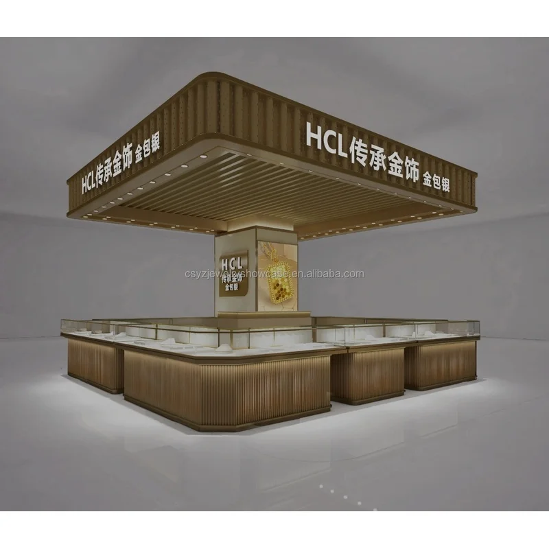 custom.New Style Gold OEM Jewelry Watch Kiosk Furniture Display Showcase Customized Design Tempered Glass LED Lighting Eco-Frien