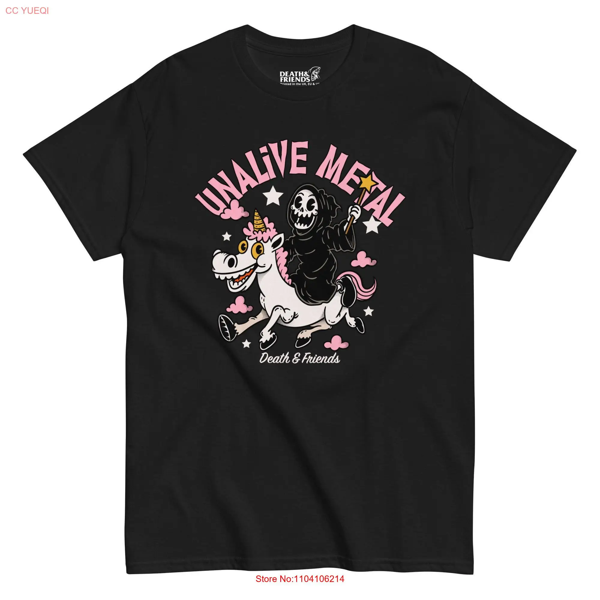 Unalive Metal T Shirt Death and Friends Unicorn Rainbow Heavy Pink Metalhead long or short sleeves