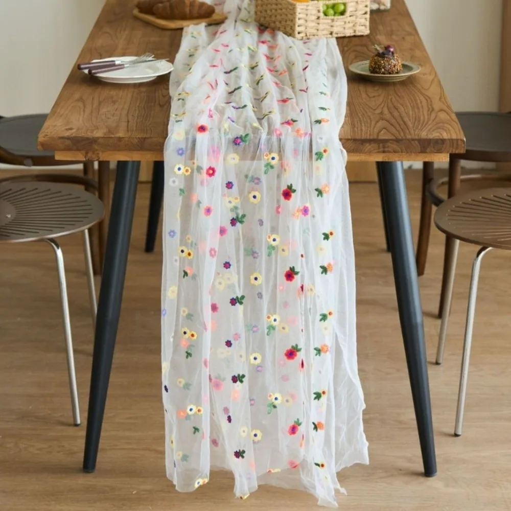 Home Decor Vintage Embroidery Daisy Table Runner Boho Elegant Floral Tablecloth Long Semi-Transparent Colorful Table Cover Party