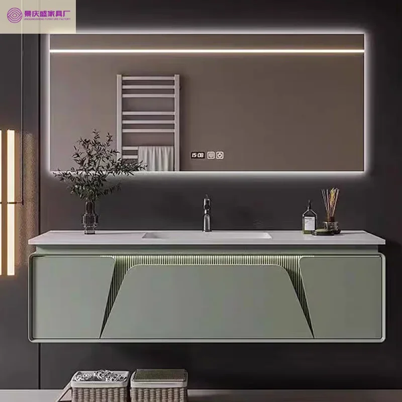 Modern simple bathroom cabinet oak combination new light luxury bathroom rock slab seamless hand wash washbasin washstand