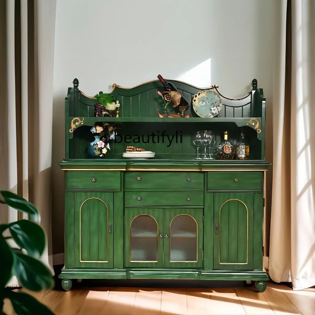 

new American countryside cabinet solid wood against the wall kitchen rack wine cabinet integrated retro green furniture