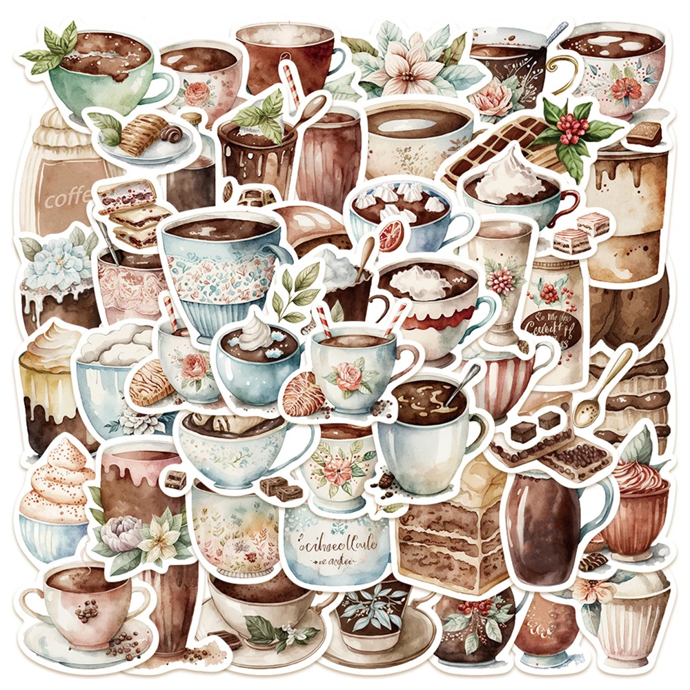 

10/30/50pcs Retro Coffee Cake Dessert Stickers Afternoon Tea Graffiti Sticker Notebook Water Bottle Phone Creative Decals Pack