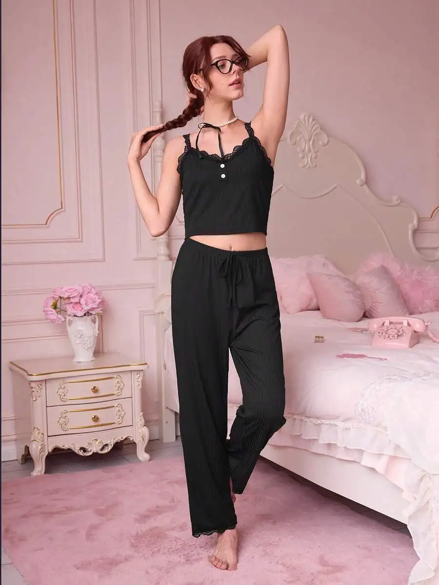 

Black Lace Trim Button Front Pajama Set Lounge Wear For Women Summer