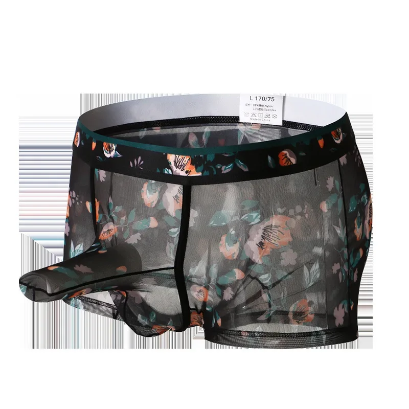 Men Trunks Mesh Ultrathin Elephant Nose Pouch Boxers Floral Printed Underwear Bullet Separation Panties Quick-Drying Shorts