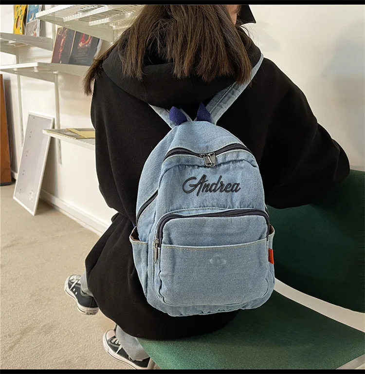 Mochila de mezclilla bordada personalizada para mujer, mochila de mezclilla bordada personalizada, mochila de viaje para estudiantes, mochila de viaje para la escuela, bolsa de hombro