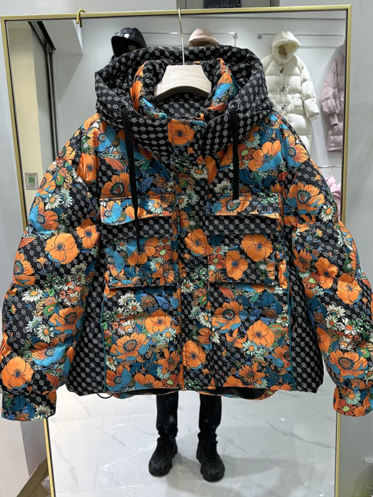 Europäische und amerikanische bedruckte Daunenjacke für Damen, 2023, Winter, neue Mode, verdickt, warm, locker, Retro, Oversize, weiße Ente, Puffermantel