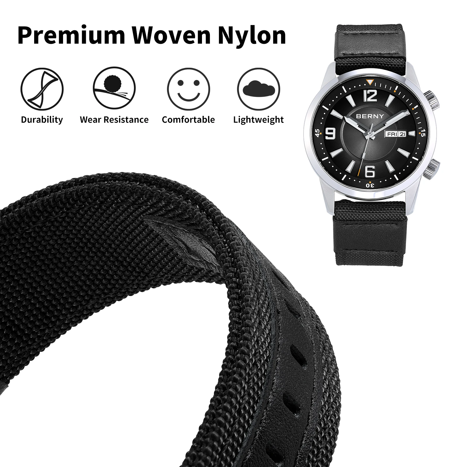 BERNY 20/22 mm Nylon-Uhrenarmband, atmungsaktiv, Sport-Uhrenarmbänder, gewebtes Nylon-Armband, Haltbarkeit, Stahlschnalle, werkzeugloses Uhrenarmband – Detail 6