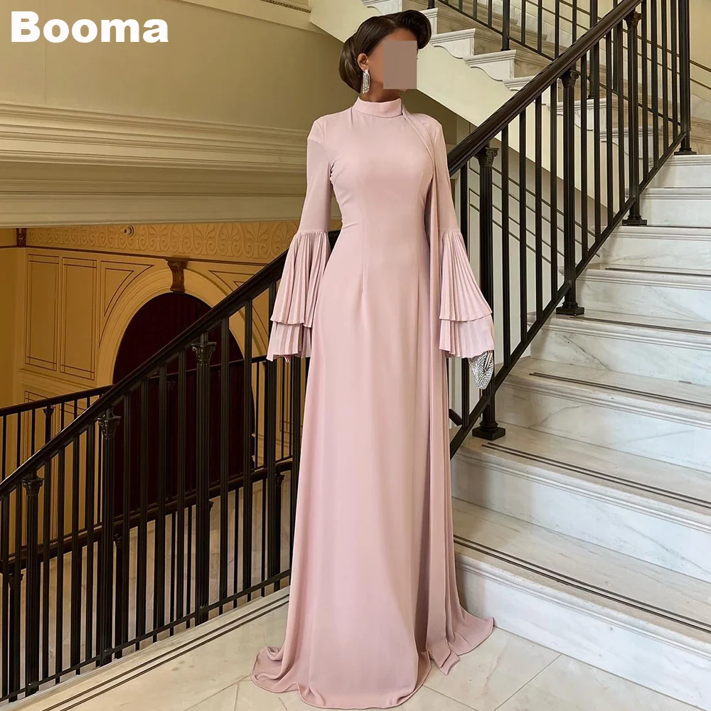 

Booma Blush Pink Modest Long Evening Dresses for Women Flare Sleeves Pleat Prom Gowns Saudi Arabic Formal Party Dress Muslim