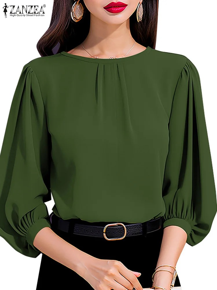 ZANZEA Women Lantern Sleeve Blouses Casual O Neck Stylish Shirts Summer OL Work Wear Pleated Blusas Elegant Solid Color Tops