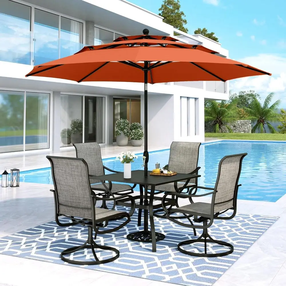 

Square Metal Outdoor Dining Set with 4 Swivel Chairs and Orange Red Umbrella for Patio, Deck, Backyard, Garden