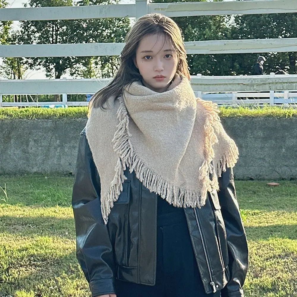 

Модная зимняя треугольная шаль, универсальный утолщенный шарф-одеяло с кисточками, вязаный морозостойкий теплый шарф для женщин