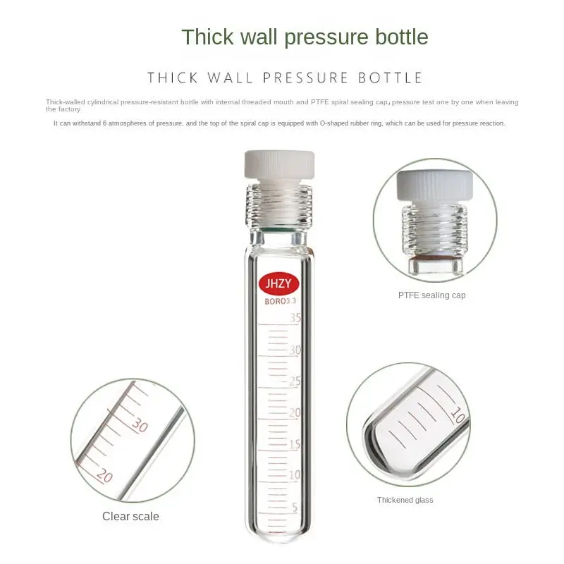 Thick Wall Pressure Bottle Screw Pressure Bottle Colorimetric Tube Glass Pressure Tube PTFE Stopper Reaction Tube