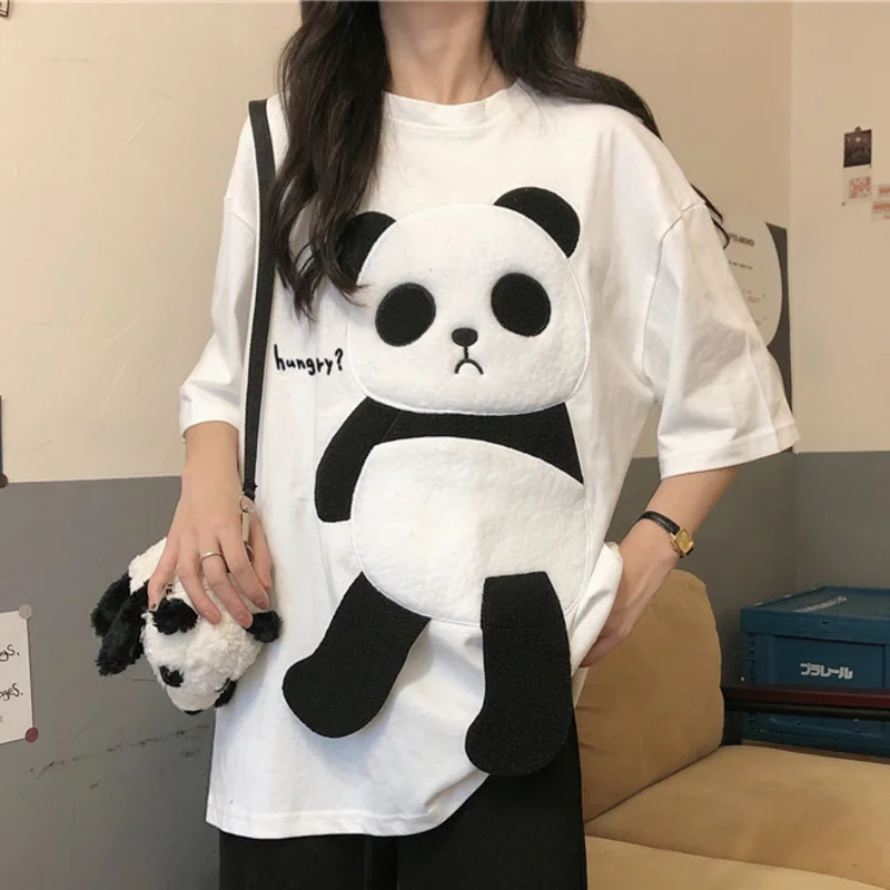 Summer Flocking Cartoon Panda Pattern Stitching T Shirts Women Kawaii Loose Top Girls Street Fashion Hip Hop Casual Top Tees