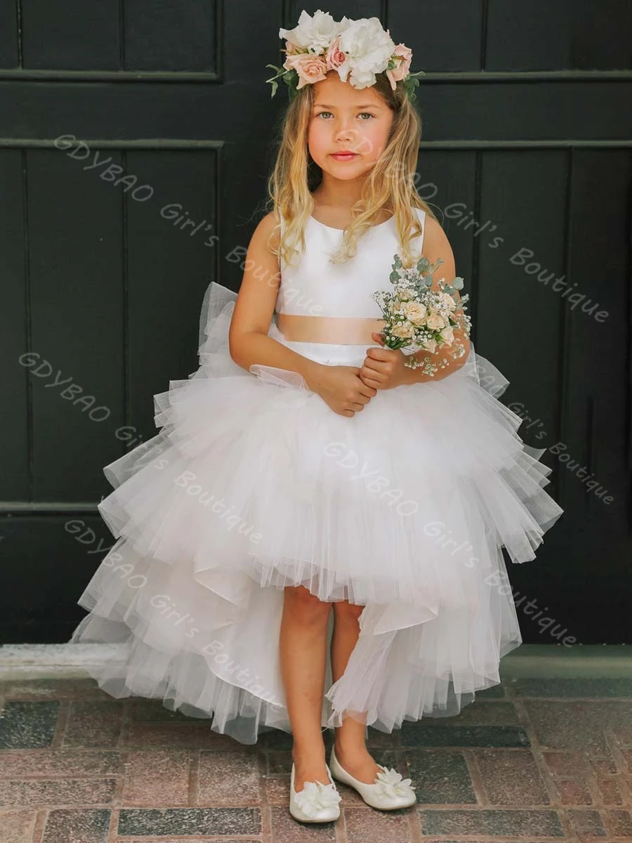 맞춤형 웨딩 플라워 걸 드레스 티어드 튤 하이로우 프린세스 파티 드레스 리본 포함 2-14세 어린이 생일 파티 볼 가운