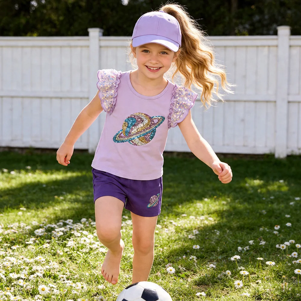 Girl Sparkly Cosmos Sequined Appliqued Flare Sleeve Cotton Casual Purple Tops Tees and Shorts Bottoms 2 Pcs Outfits Clothes Sets