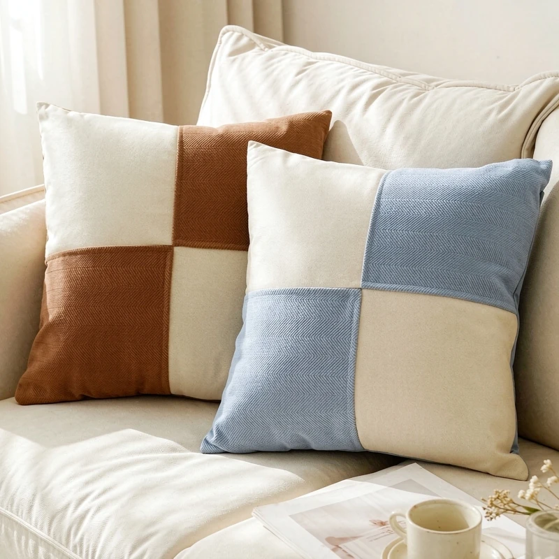 Square Pillow Cover Cozy Two Tone Patchwork Style Cushion Case Couch Seating Area Decoration Accent 45x45cm
