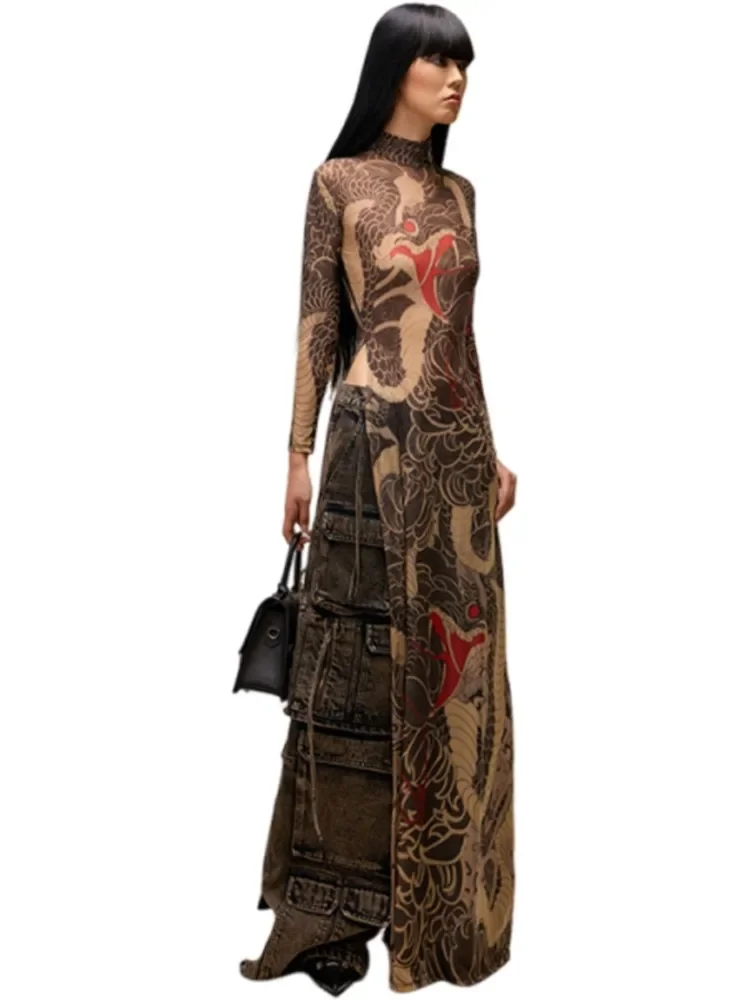 Robe longue Sexy pour femmes, coupe cintrée, Cover-Up en maille transparente, manches longues, imprimé Floral, robe Maxi de plage, fendue sur le côté, Cover-Up pour Bikini