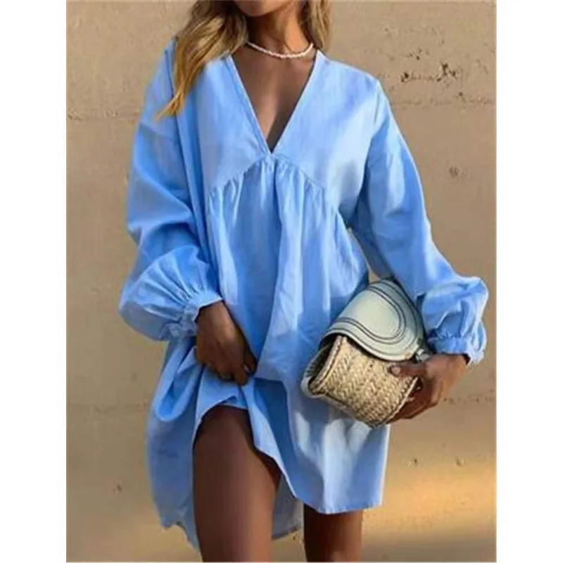 

Women's Casual Cotton Linen Loose Lantern Sleeve Dress Street Trendsetters 2024 Spring New Temperament Women Sexy V-neck Dresses