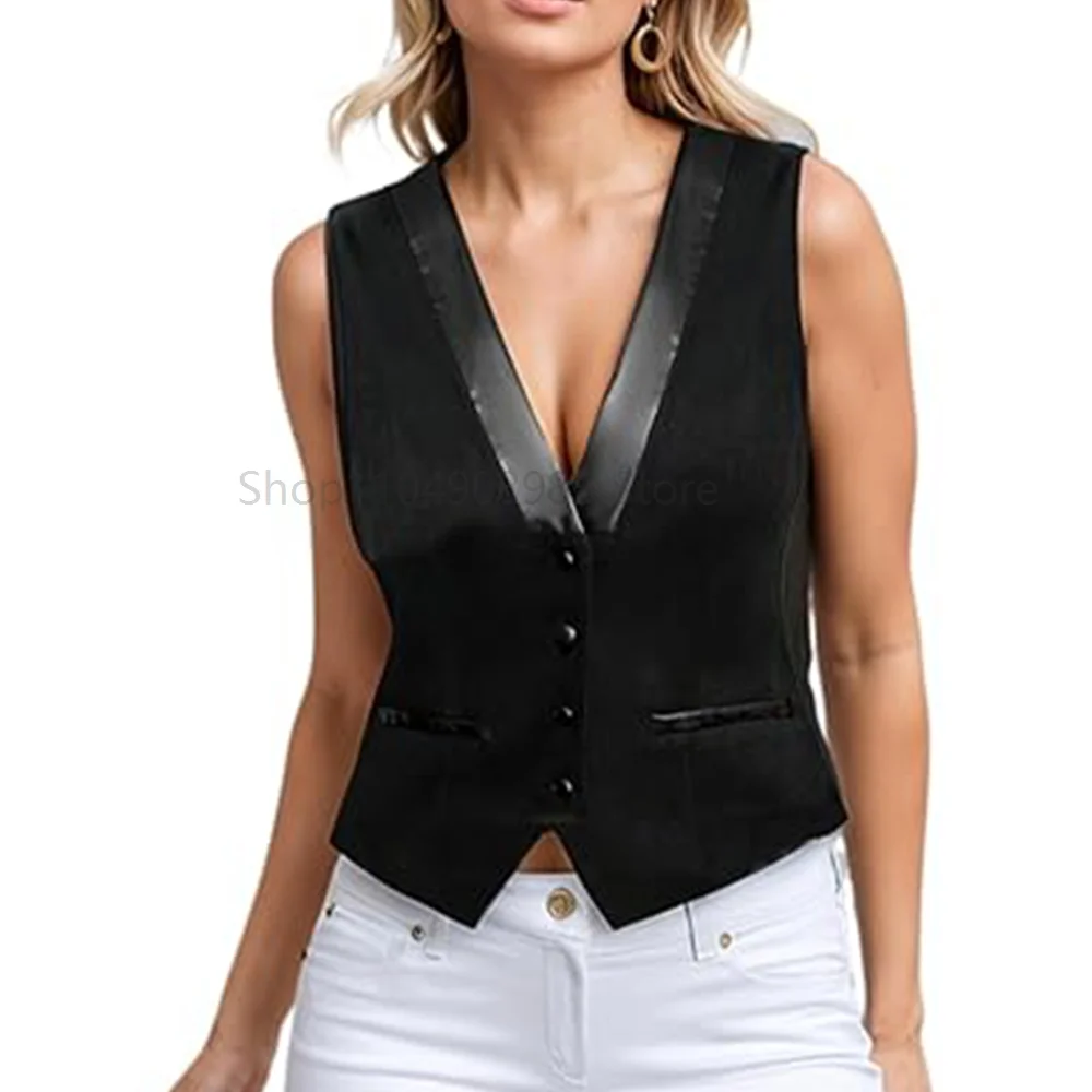

Women Gothic Steampunk V Neck Suit Vest Black Sleeveless Button Down Crop Vest Office Waistcoat Top Blazer Coat