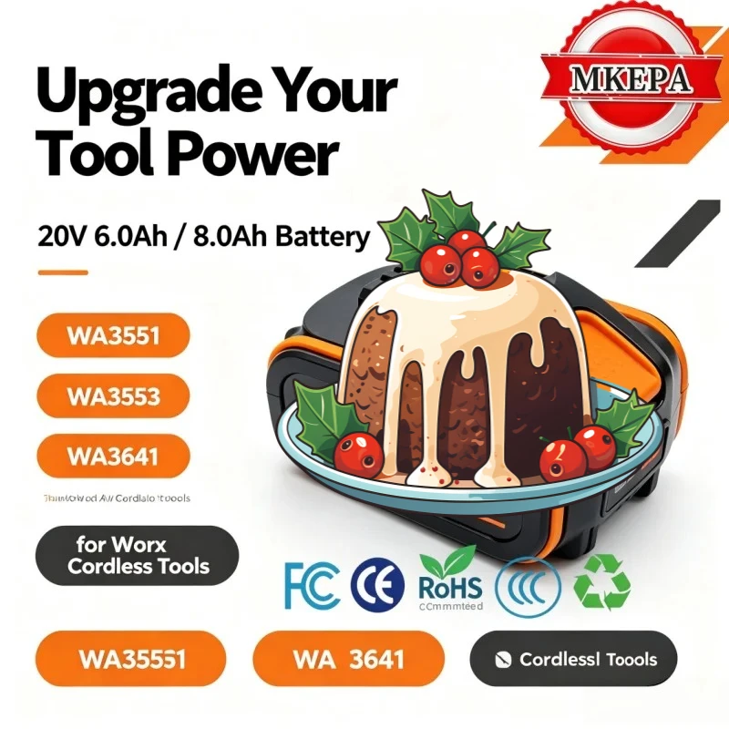 6.0Ah 8.0Ah Rechargeable Lithium Replacement Battery With Charger For Worx 20V Cordless Power Tools No Memory Self‑discharge