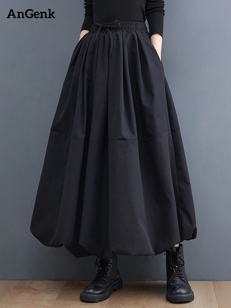 

Black Vintage High Waist Pleated Skirt Women Plus Size Fashion Drawstring Loose Casual Midi Skirts Clothes Spring Autumn 2025