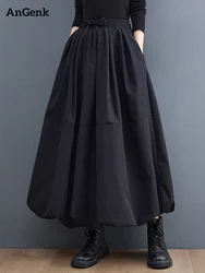 Black Vintage High Waist Pleated Skirt Women Plus Size Fashion Drawstring Loose Casual Long Skirts Clothing Spring Autumn 2026