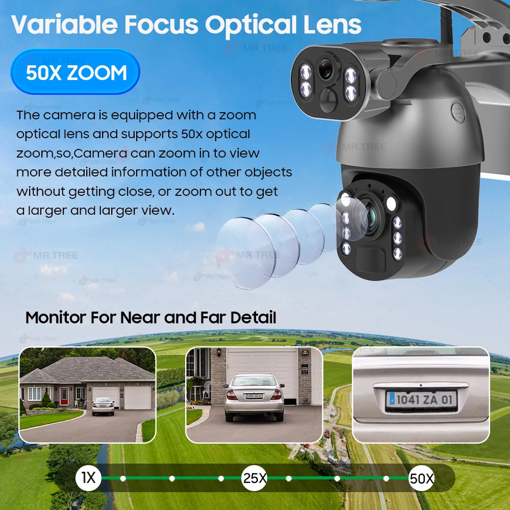 10MP 4K 50X Optical Zoom Video Solar Camera 4G SIM CCTV Outdoor SurveillanceWiFi Home Security PTZ Motion Detect IP Tracking Cam