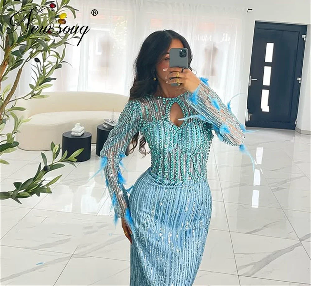 

Elegant Blue Beading Evening Dresses Arabic Long Sleeves Prom Dress Dubai 2025 Wedding Party Gowns Vestidos De Cóctel Customized