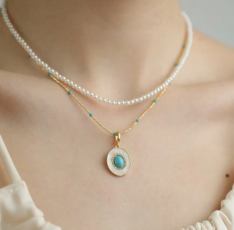 Natürliche Türkis Oval Shell Anhänger Gold Farbe Kette Halskette Sexy Schlüsselbein Kette Trendy Schmuck Zubehör Für Frauen 2023 – Detail 6